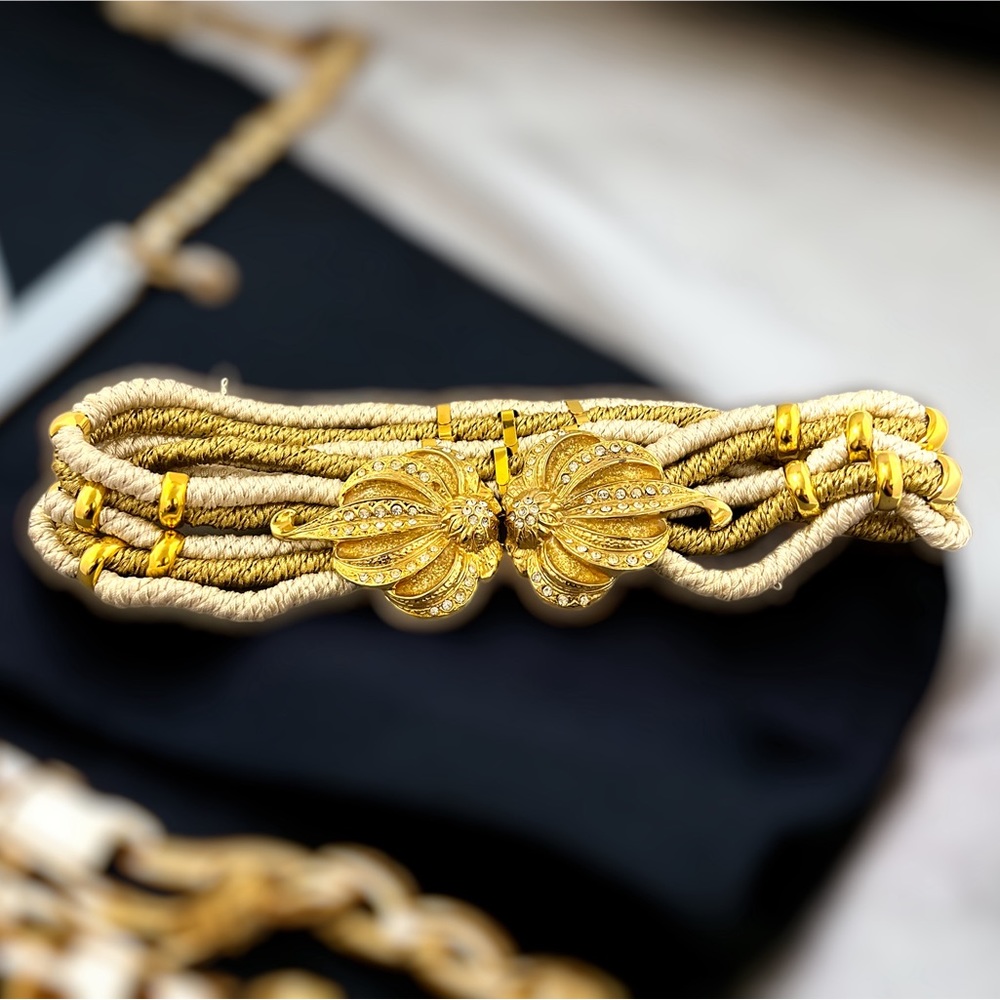 Vintage Metallic Braided Belt Gutos West Germany  Gold Rhinestone Large Buckle